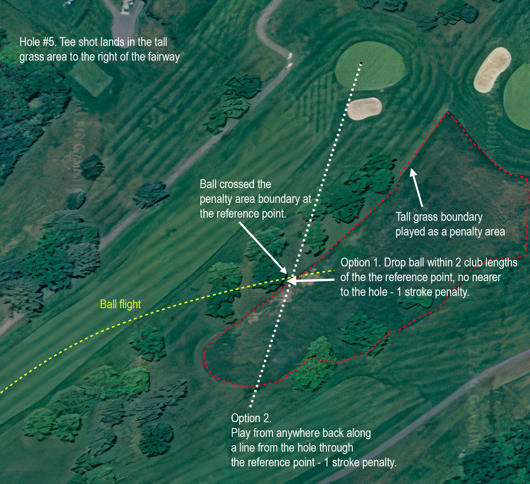 Crossvines, hole #5. Approach shot into tall grass on right.